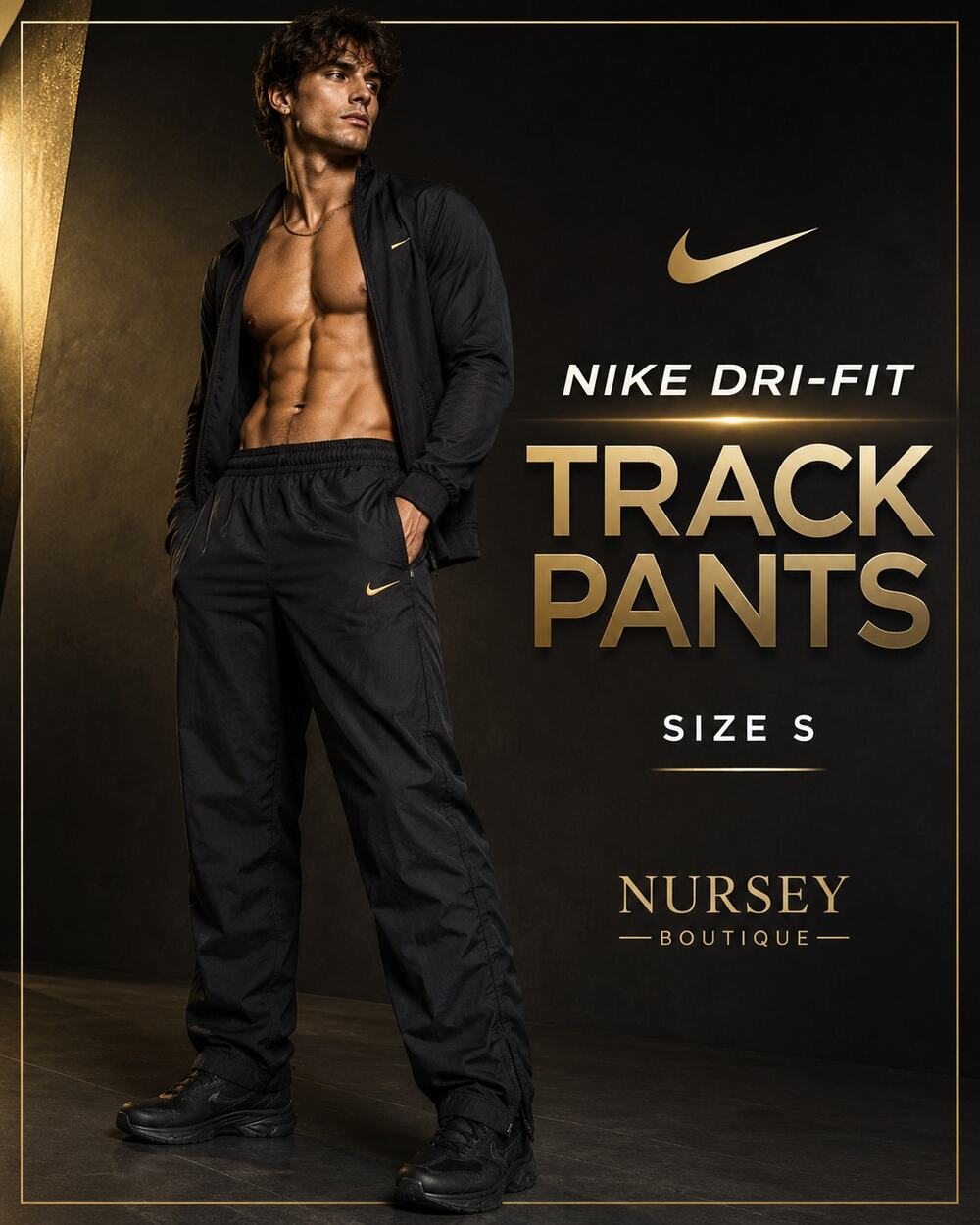 Nike Dri-FIT Track Pants Black Gold Swoosh Mesh Lined Zip Hem S